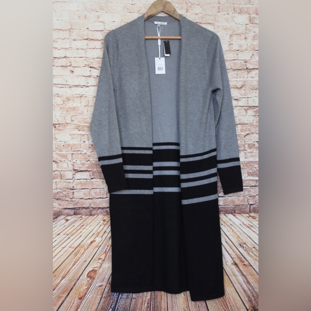 Vila Milano (Sioni) | Long Open Front Cardigan Duster Gray & Black Striped